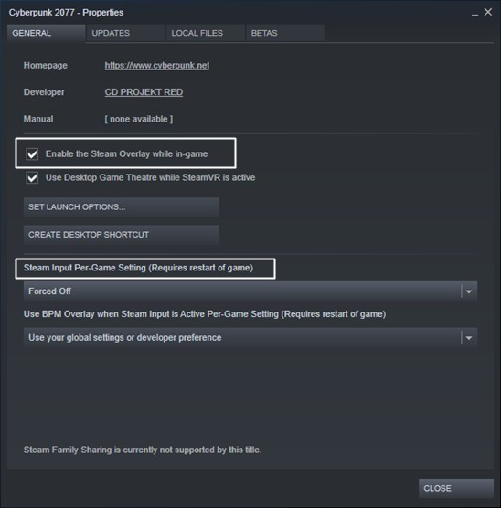 cyberpunk 2077 disable steam input and overlay