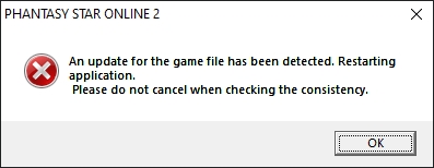 PSO2 New Genesis error - an update for the game file has been detected