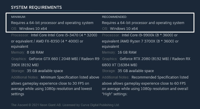 The Ascent - Official System Requirements