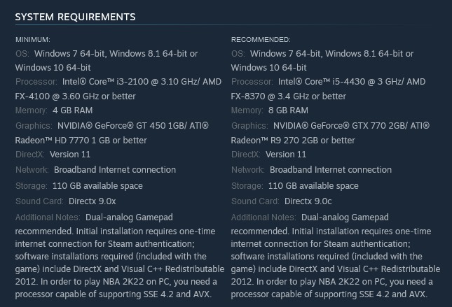 NBA 2K22 - System Requirements