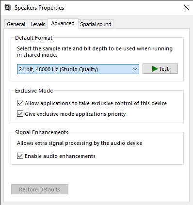 Change default format of playback device