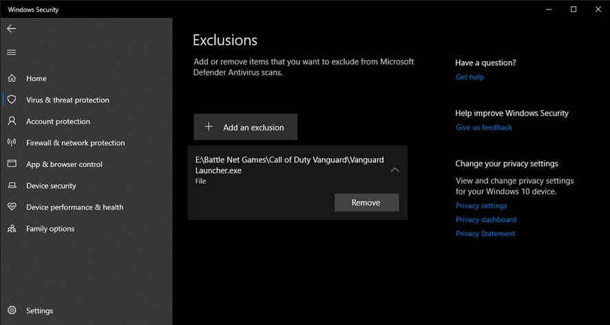 How to add cod vanguard to the exclusions list of Windows defender
