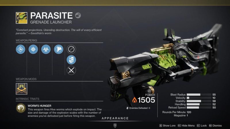 how to get the parasite grenade launcher in destiny 2