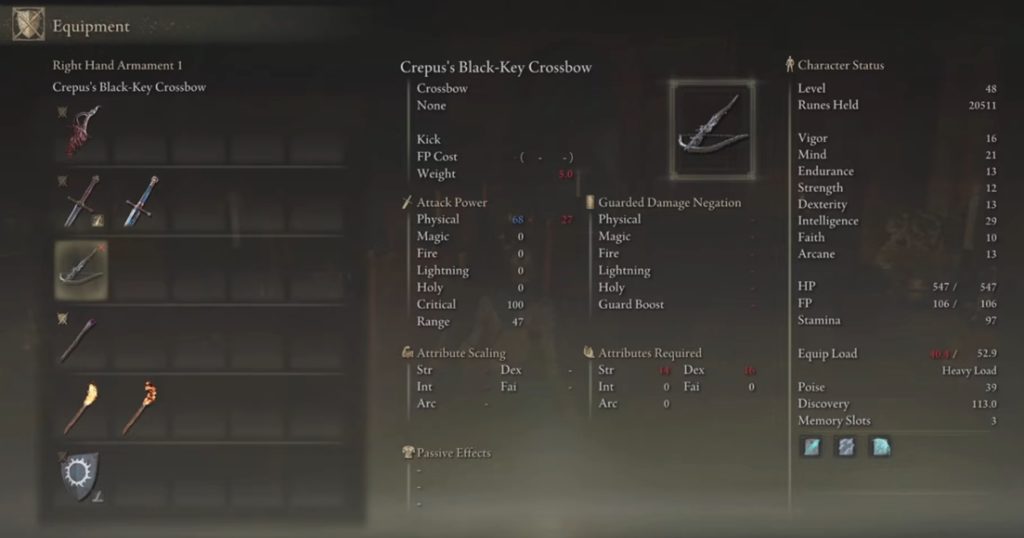 Crepus's Black-Key Crossbow Stats - Elden Ring