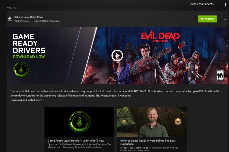 Nvidia Driver for Evil Dead the game