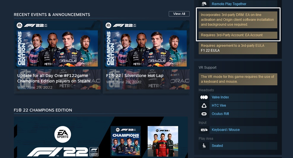 Steam users need to run EA Play or Origin in the background to launch F1 22
