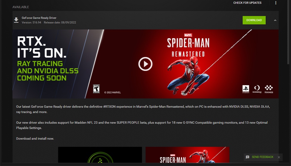 Nvidia v516.94 Driver for Spider-Man PC