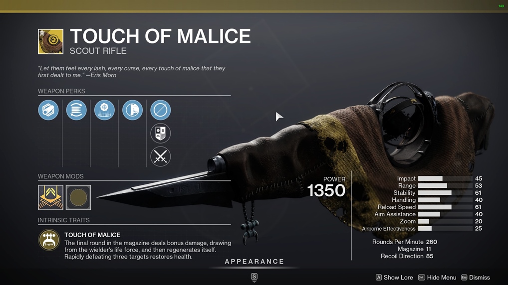 Touch of Malice Exotic Scout Rifle - Destiny 2 Season 18