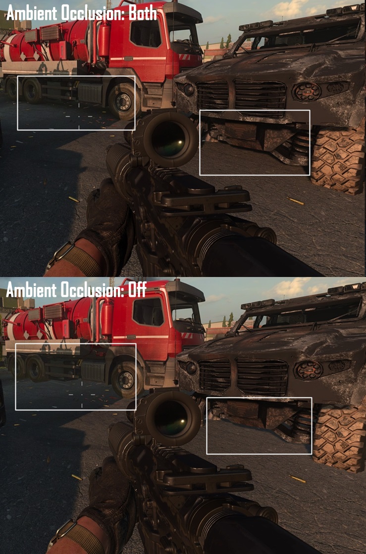 Screenshot showing the comparison between different Ambient Occlusion Settings in Call of Duty Modern Warfare 2