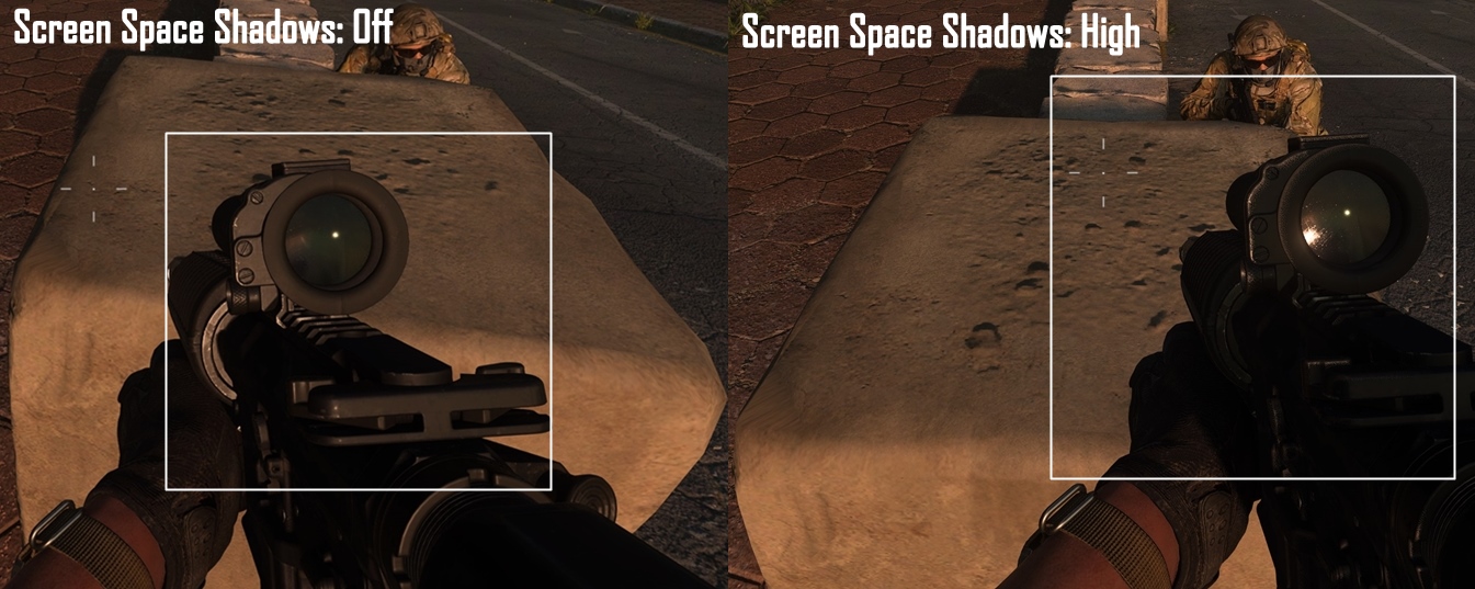 Screenshot showing the comparison between different Screen Space Shadow Settings in Call of Duty Modern Warfare 2