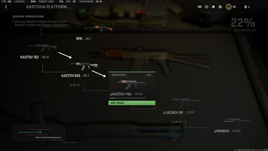 Screenshot showing how to unlock Kastov 74U in Modern Warfare 2