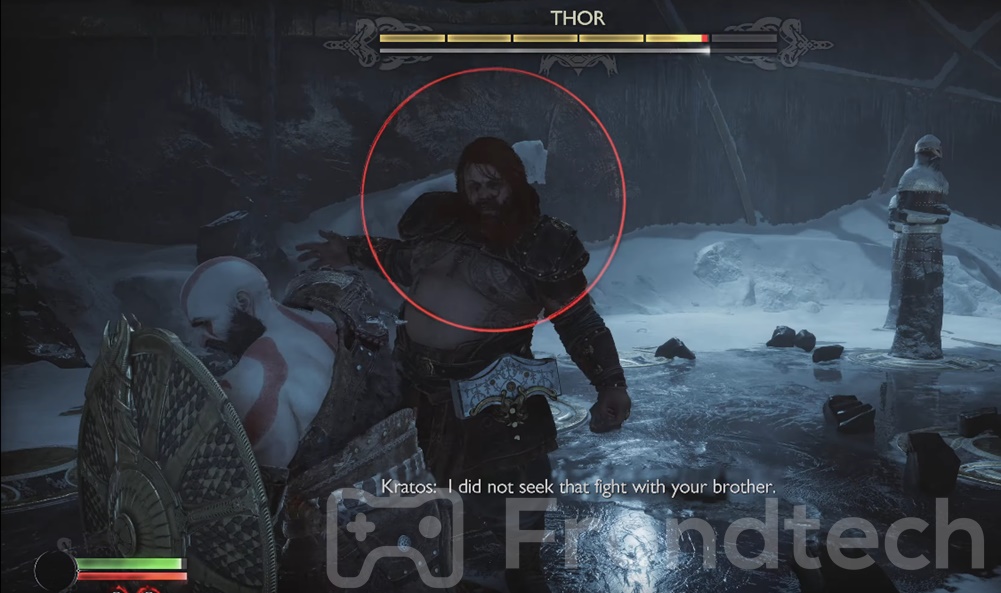 Screenshot showing Unblockable or Red Circle attacks of Thor in God of War Ragnarok