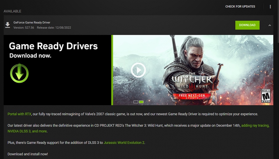 Nvidia Driver to fix crashes in WItcher 3 Next Gen