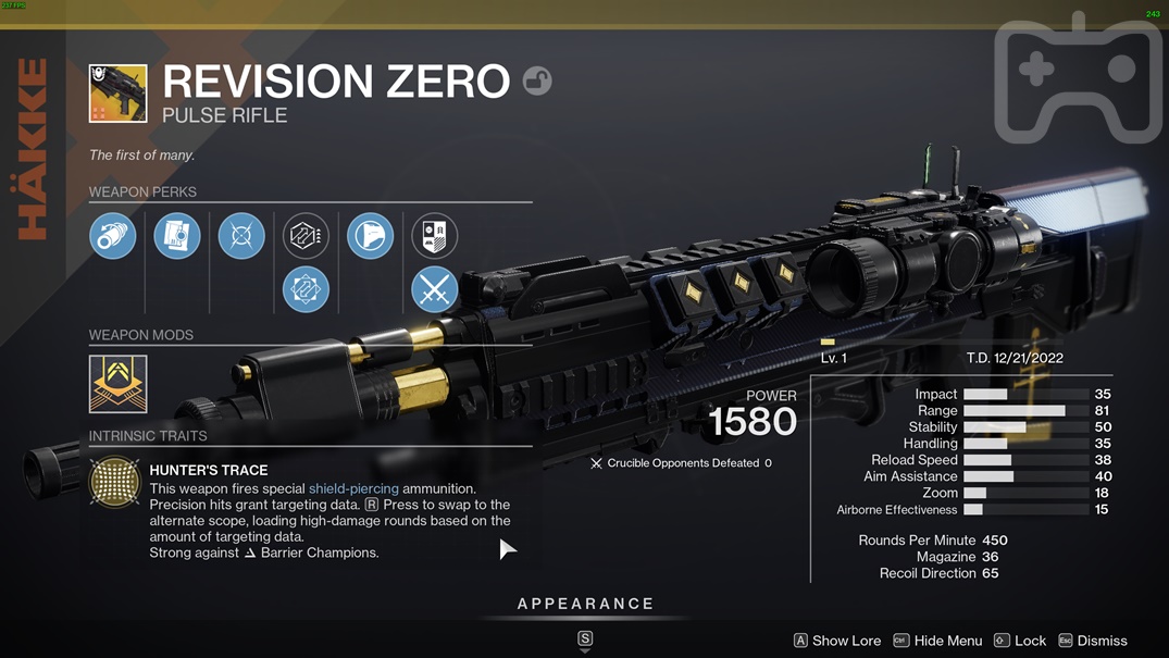 Screenshot of Revision Zero Exotic Pulse Rifle taken by Frondtech