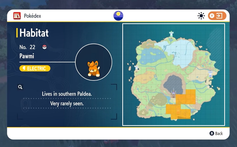 Screenshot showing the location where you can find Pawmi in Pokemon Scarlet and Violet