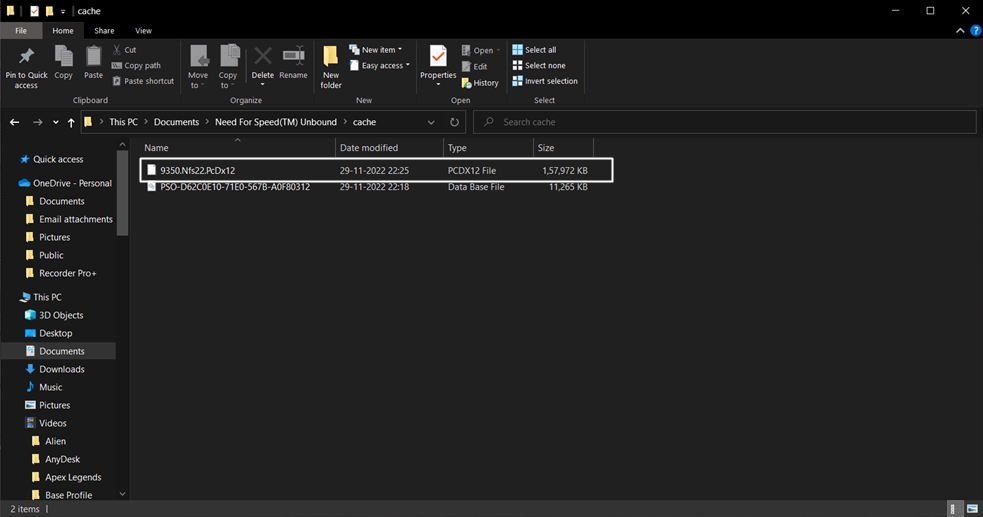Screenshot showing which file to delete to fix the crashing in NFS Unbound
