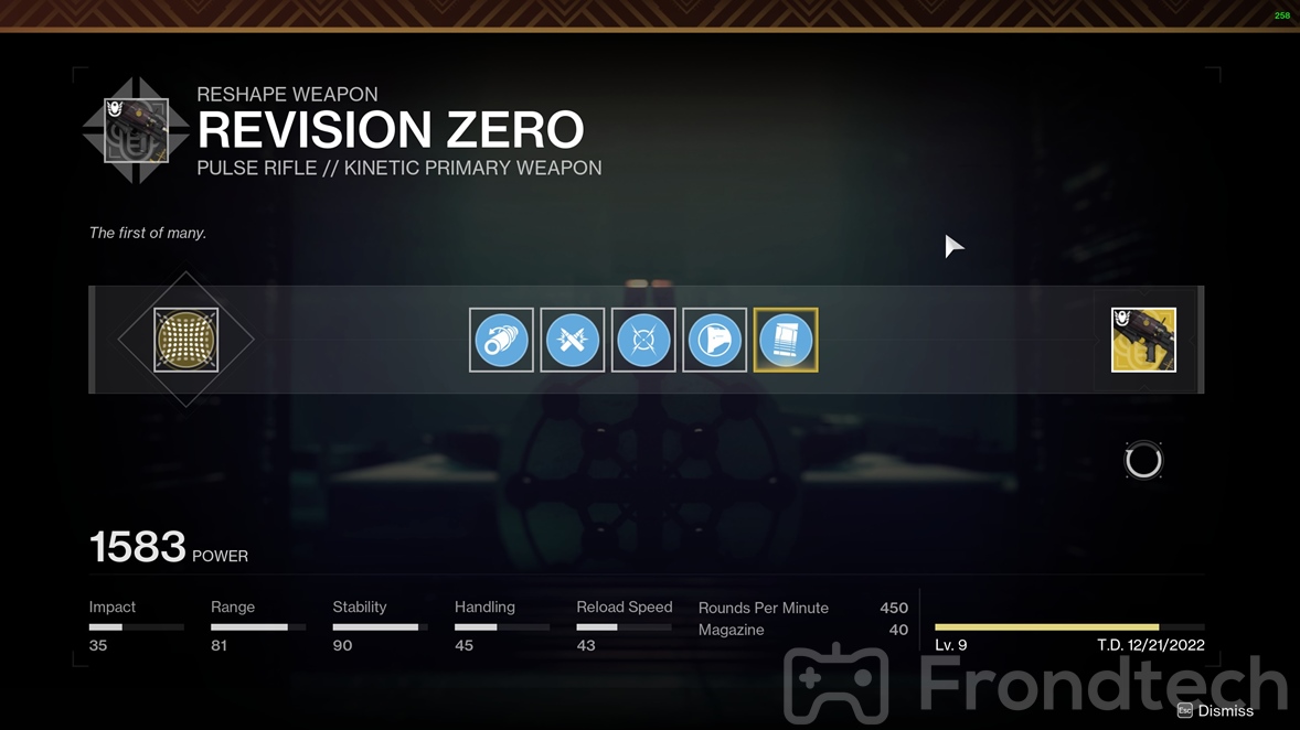 Revision Zero God Roll showcase - Screenshot by Frondtech