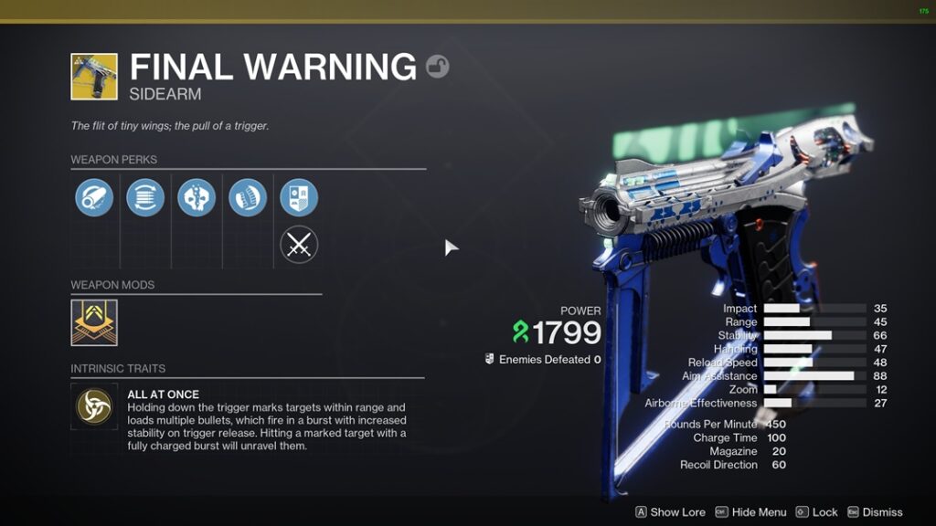 Final Warning Exotic Sidearm in Destiny 2